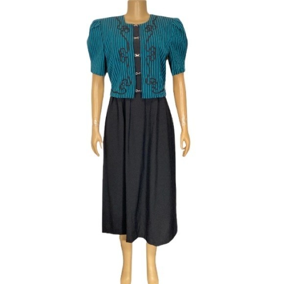 80s Miss Dorby DressTie Back Midi Black Green striped short sleeves size 10 - Picture 15 of 15